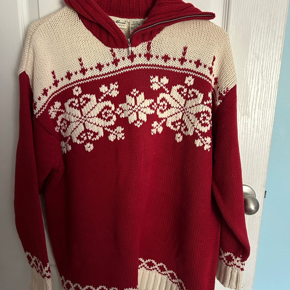 Eddie Bauer Red and Cream Cowl Neck Sweater with Nordic Design